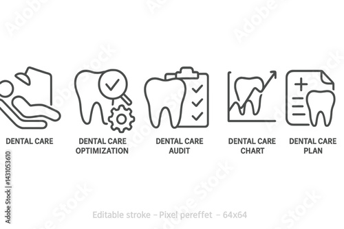 Vector icon set depicting dental care activities including optimization, audit, chart, and planning in a clean design