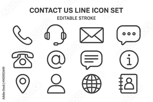 Contact us line icon set featuring various communication symbols for professional use