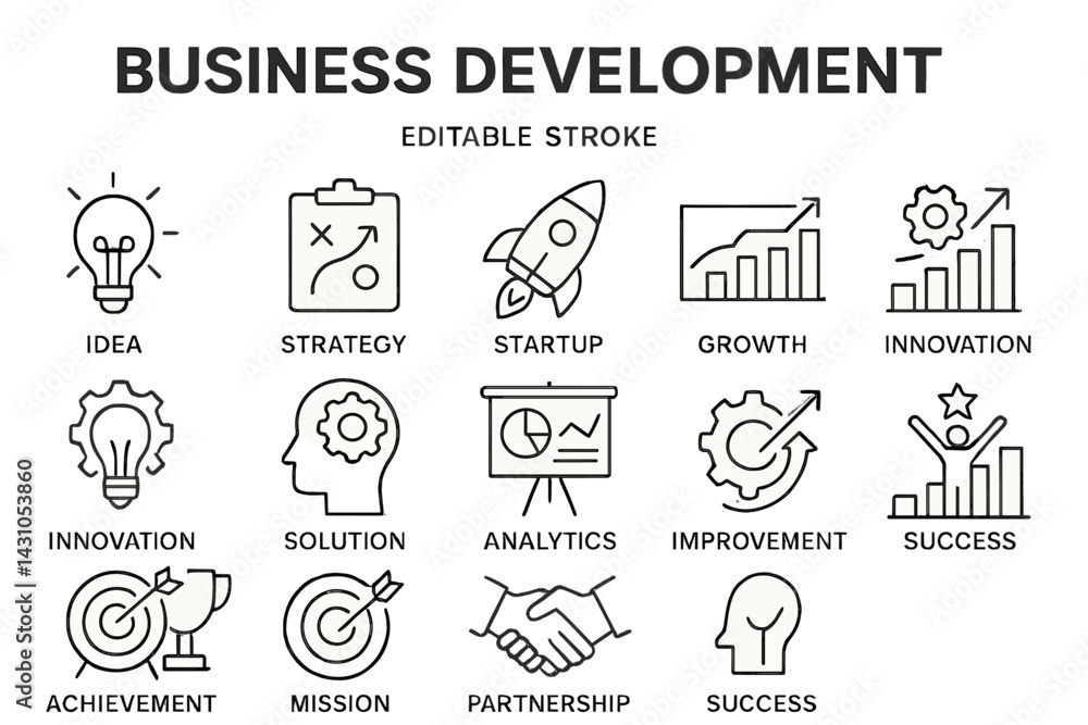 Comprehensive vector icon set for business development showcasing key concepts in innovation, strategy, and success Comprehensive vector icon set for business development showcasing key concepts in innovation, strategy, and success