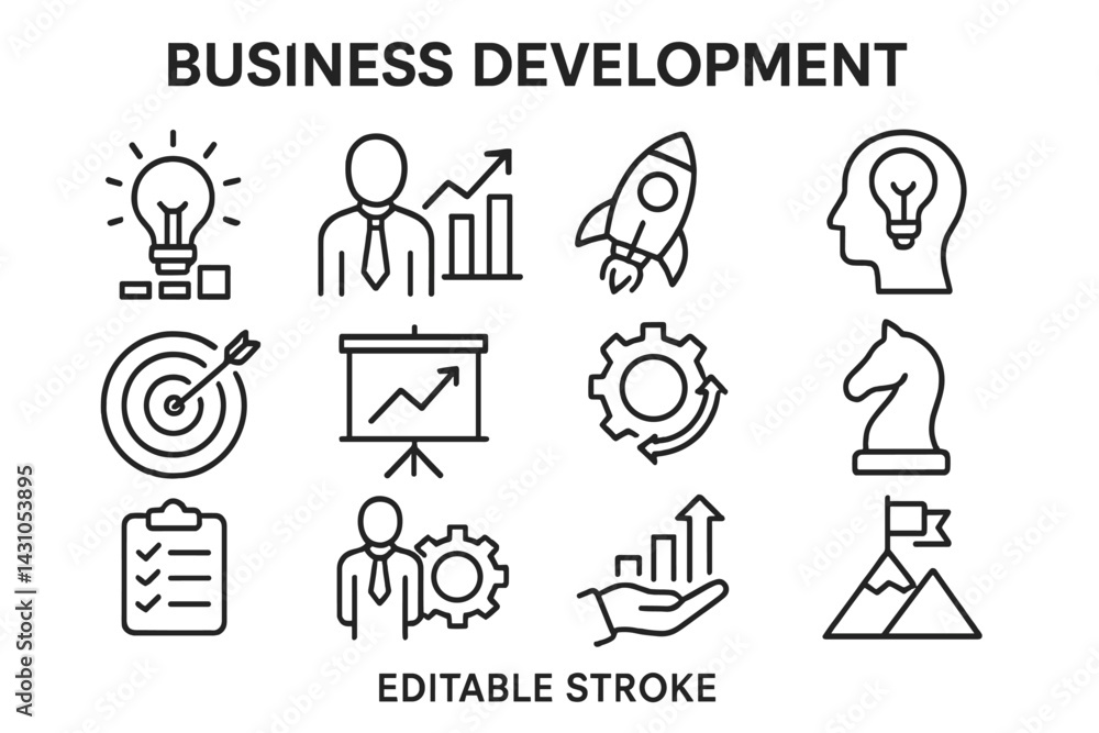 Business development vector icon set showcasing various elements related to growth and strategy Business development vector icon set showcasing various elements related to growth and strategy