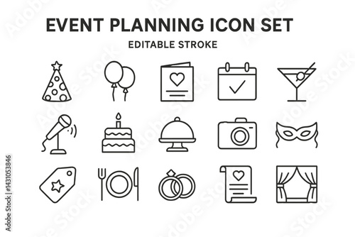 Event planning icon set featuring celebration symbols and party essentials for various occasions