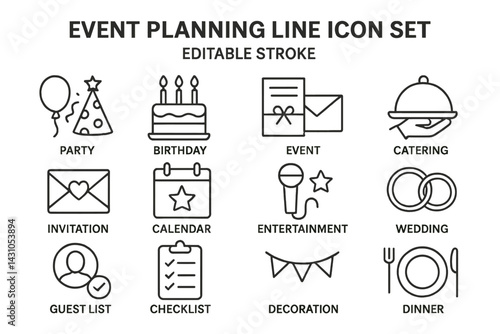 Vector icon set depicting various elements of event planning including party, birthday, wedding, and catering themes