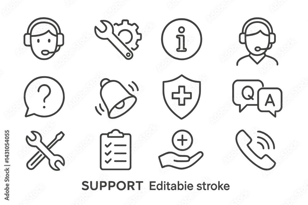 Vector icon set featuring support symbols for customer assistance and service communication Vector icon set featuring support symbols for customer assistance and service communication