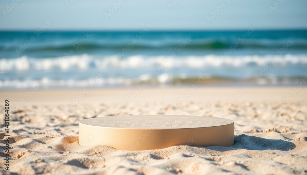 Empty display podium on a sandy beach with ocean and sky backdrop. Summer, coastal concept with copy space. Empty display podium on a sandy beach with ocean and sky backdrop. Summer, coastal concept with copy space.