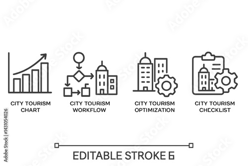 Icon set representing city tourism concepts illustrating chart, workflow, optimization, and checklist for enhanced travel planning and organization