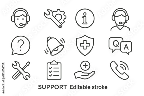 Vector icon set featuring support symbols for customer assistance and service communication
