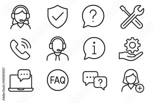 Vector icon set featuring customer support symbols for assistance and communication in service-related industries