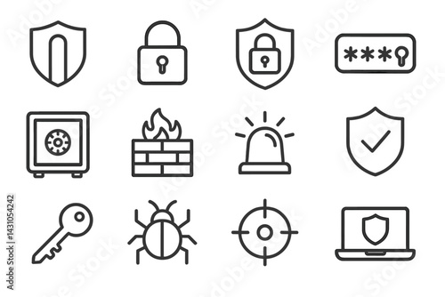 Security vector icon set featuring essential symbols for protection and safety in digital and physical environments