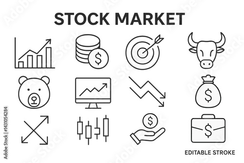 Collection of vector icons representing stock market elements and concepts for financial design projects