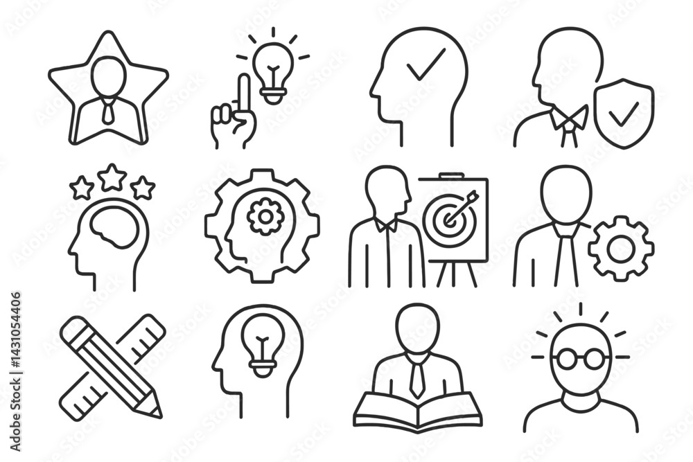 Fototapeta premium Vector icon set showcasing various elements of creativity, intelligence, and professional activities in a simple design