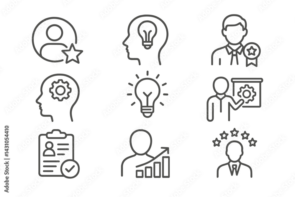 Vector icon set showcasing various symbols of innovation, leadership, and personal development for use in design projects and presentations Vector icon set showcasing various symbols of innovation, leadership, and personal development for use in design projects and presentations