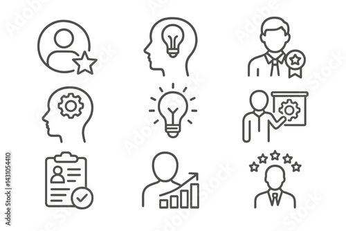 Vector icon set showcasing various symbols of innovation, leadership, and personal development for use in design projects and presentations
