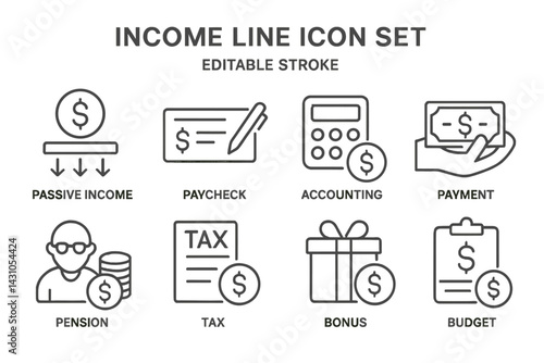 Vector icon set depicting various income-related concepts including passive income, payment methods, and financial planning