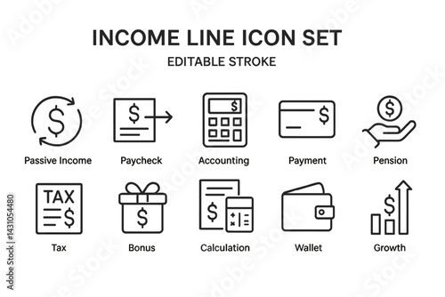 Collection of income line icons representing financial concepts and activities for personal and business use