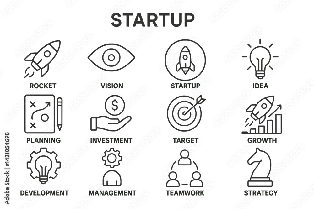 Vector icon set illustrating key concepts related to startup culture, including growth, planning, and teamwork Vector icon set illustrating key concepts related to startup culture, including growth, planning, and teamwork