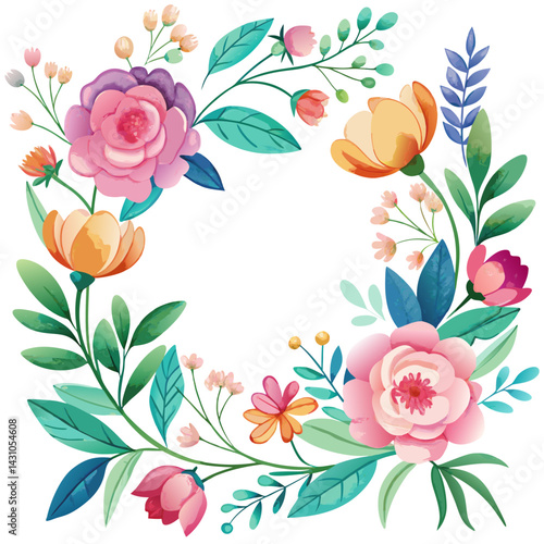 Vibrant Watercolor Floral Wreath . Colorful Flowers and Greenery