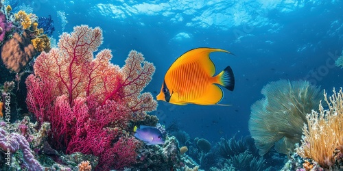 Fototapeta Naklejka Na Ścianę i Meble -  A coral reef teeming with life, with a butterflyfish swimming elegantly among soft corals and sea fans