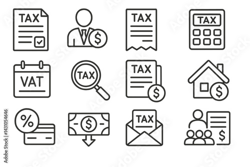 Vector icon set featuring tax-related symbols for finance and accounting professionals