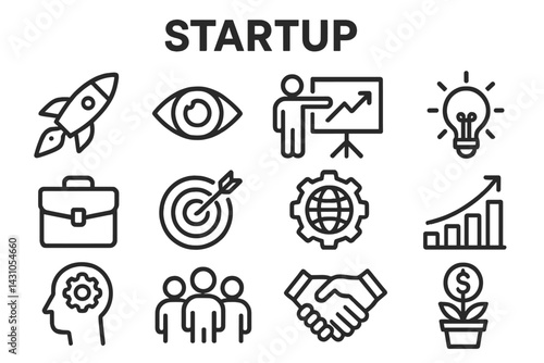 Vector icon set showcasing startup themes, including growth, innovation, and collaboration concepts essential for entrepreneurs