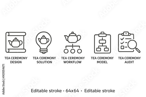 Vector icon set featuring elements of tea ceremony design, solution, workflow, model, and audit