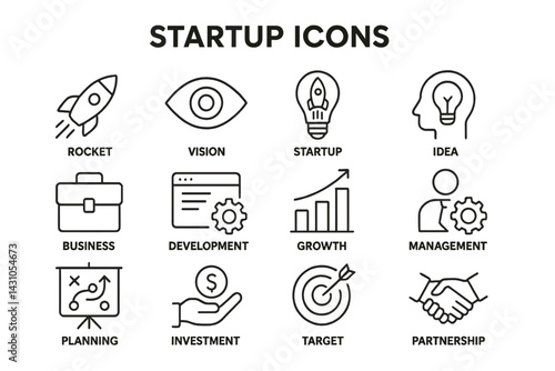 Vector icon set featuring elements of startup culture including business, planning, and partnership themes