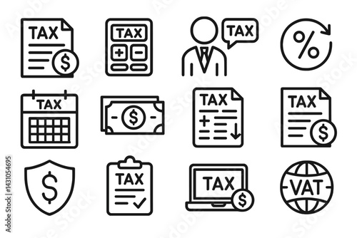 Vector icon set featuring tax-related symbols, including forms, calculators, and professional tools for financial documentation