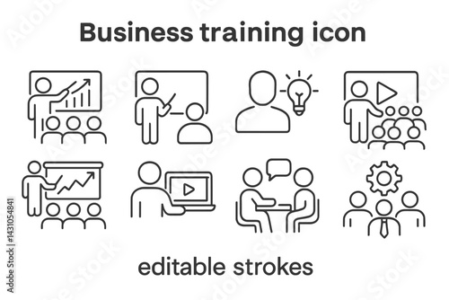 Vector icon set depicting diverse business training activities and concepts for effective learning environments