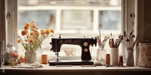 Vintage sewing machine displayed against a window. 