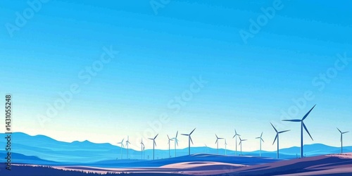 Wind turbines silhouetted against a clear sky contribute to the picturesque countryside landscape.