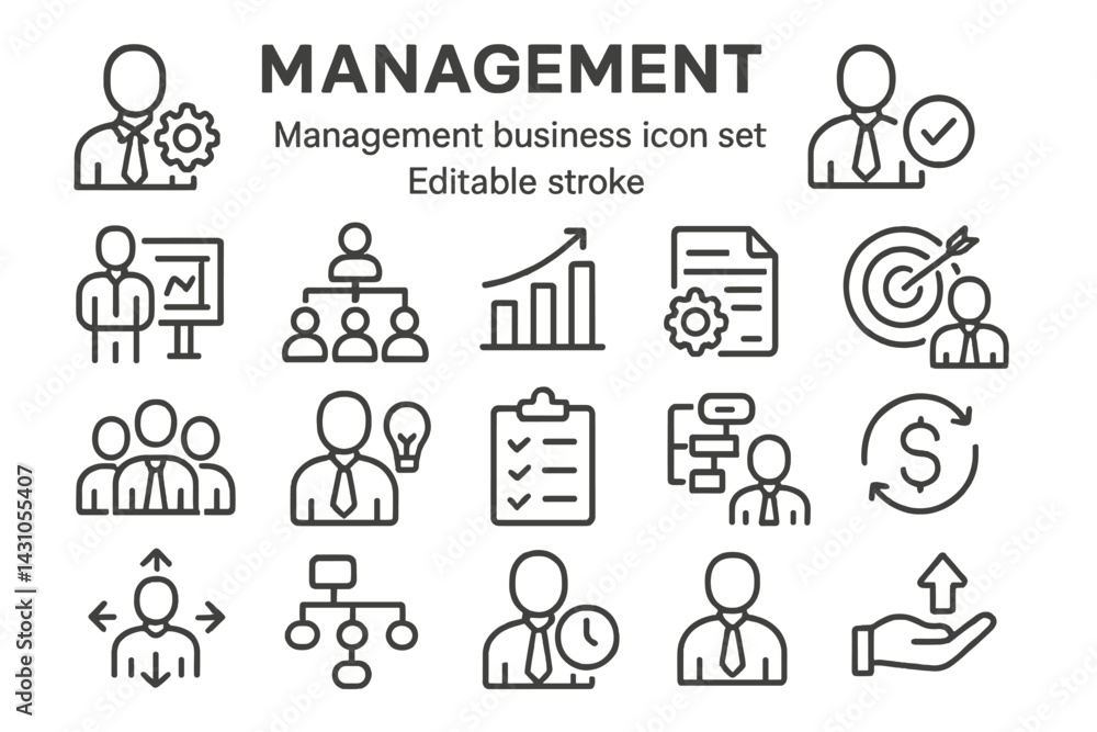 Management business icon set featuring essential symbols for organizational and strategic planning activities Management business icon set featuring essential symbols for organizational and strategic planning activities