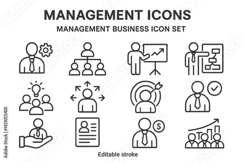 Management icon set showcasing various elements of business operations and teamwork