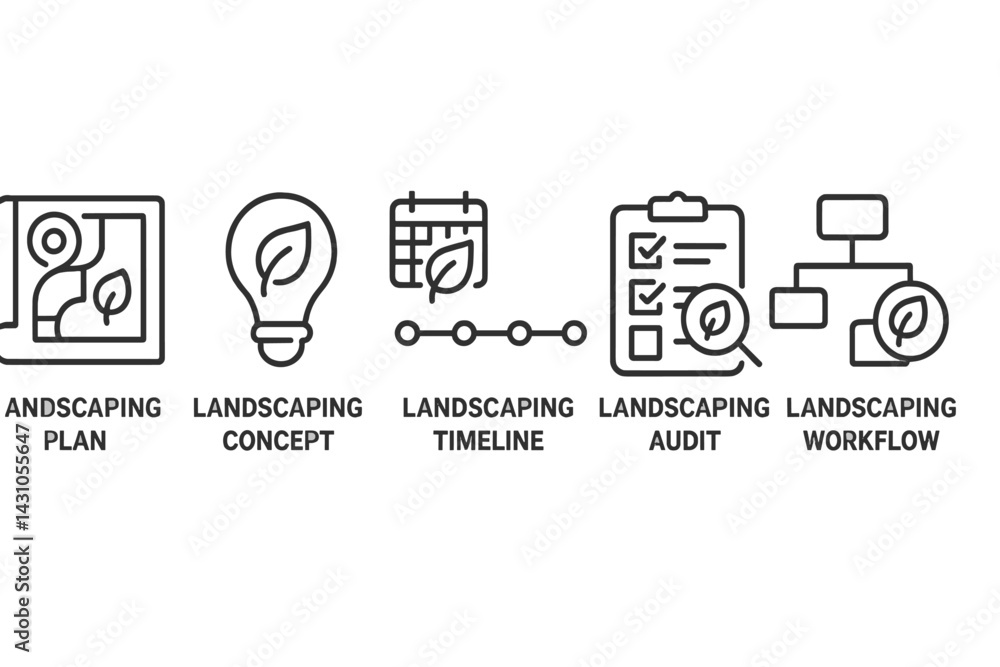 Vector icon set showcasing landscaping elements including plan, concept, timeline, audit, and workflow for design projects Vector icon set showcasing landscaping elements including plan, concept, timeline, audit, and workflow for design projects