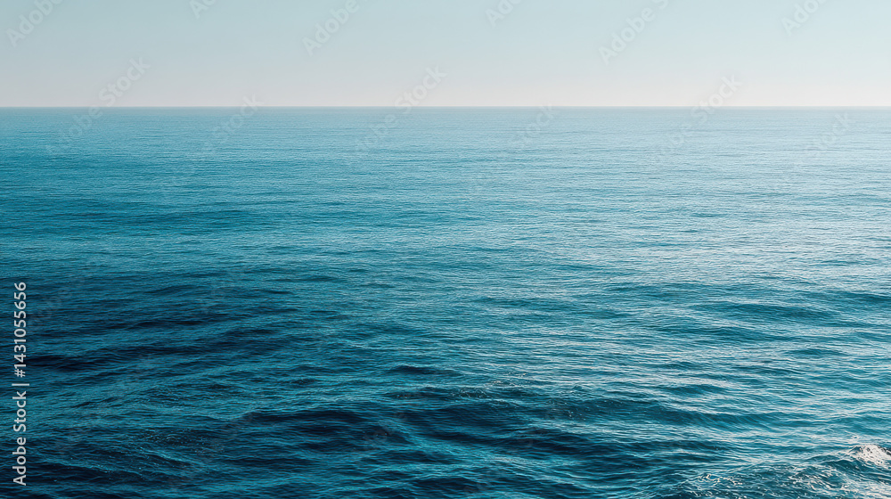 The vast expanse of the calm, clear blue ocean stretches out to the horizon under a cloudless sky, creating a serene and peaceful seascape vista.