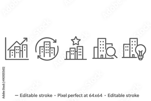 Vector icon set featuring business and finance symbols with buildings and other design elements for modern applications