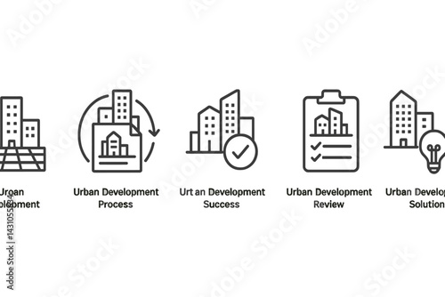 Vector icon set illustrating various aspects of urban development processes and solutions