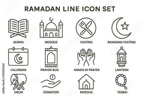 Vector icon set depicting various symbols associated with Ramadan and Islamic practices including Quran, mosque, and fasting elements