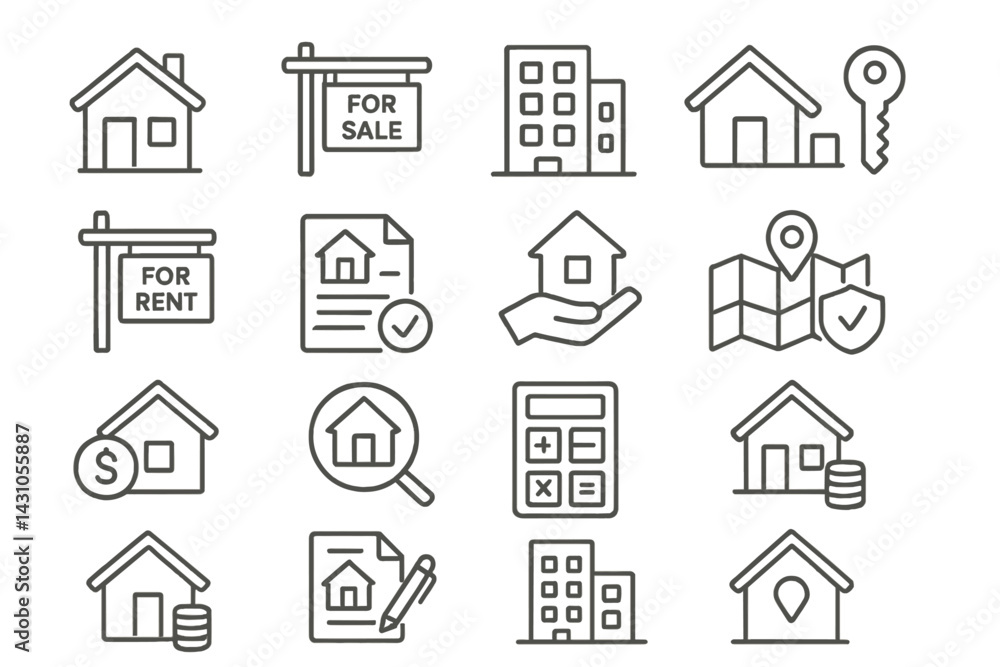 Vector icon set depicting real estate symbols for sale, rent, keys, and property management activities Vector icon set depicting real estate symbols for sale, rent, keys, and property management activities