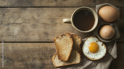 Morning Delight, Rustic Breakfast Scene with Coffee, Eggs, and Toast