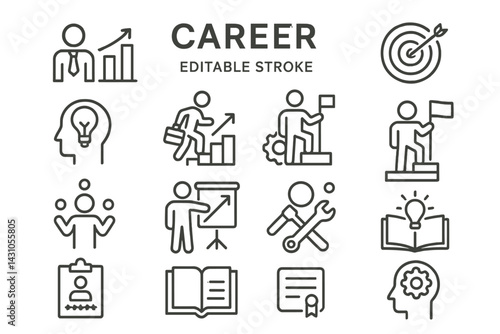 Vector icon set showcasing various career-related concepts and activities for professional growth and development