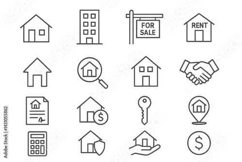 Vector icon set representing real estate activities including sale, rent, contracts, and property transactions in a minimalist design