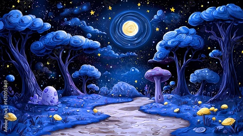 Pixel Art Night Landscape with Glowing Moonlit Path and Blue Trees