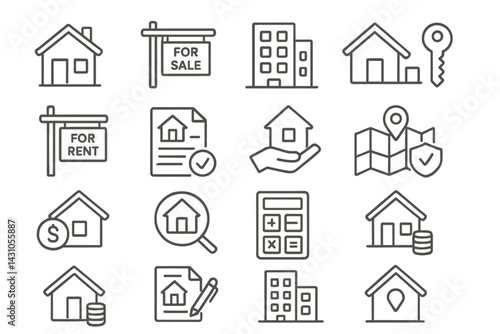 Vector icon set depicting real estate symbols for sale, rent, keys, and property management activities