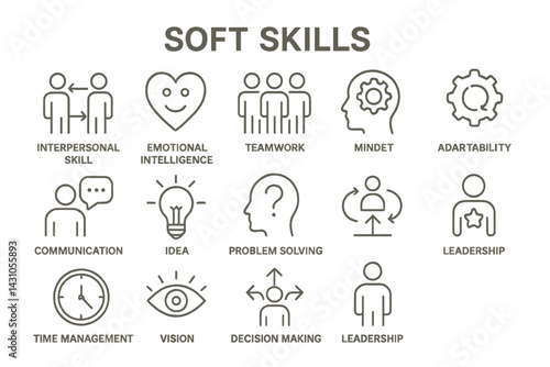 Diverse vector icons representing essential soft skills for personal and professional growth