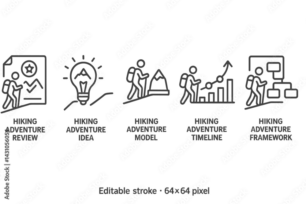 Explore diverse aspects of hiking adventures with this vector icon set showcasing reviews, ideas, models, and frameworks Explore diverse aspects of hiking adventures with this vector icon set showcasing reviews, ideas, models, and frameworks