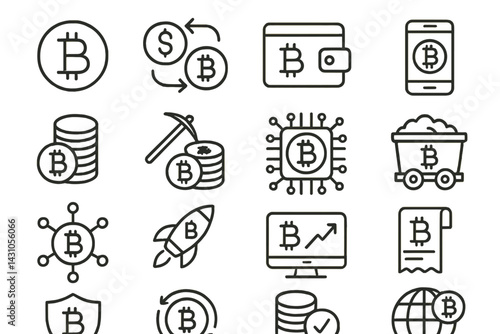 Vector icon set showcasing various aspects of cryptocurrency, including bitcoin transactions, mining, and digital wallets