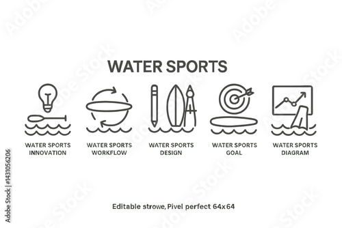 Vector icon set representing various concepts related to water sports, including innovation, workflow, design, goals, and diagrams