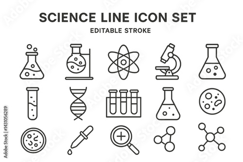 Science line icon set featuring beakers, flasks, and laboratory equipment for educational and professional use