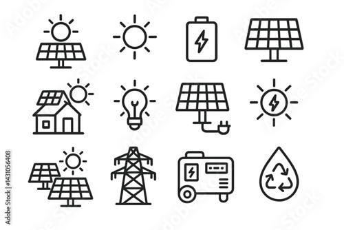 Vector icon set featuring renewable energy elements including solar panels, batteries, and power sources designed for sustainability