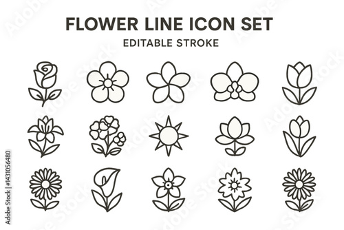Creative flower line icon set showcasing various floral designs with editable stroke for versatile use in projects