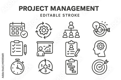 Vector icon set for project management showcasing essential tools and concepts for effective team collaboration and planning